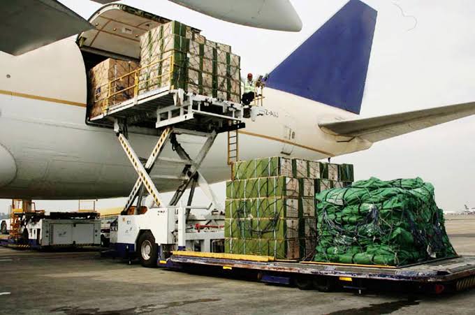 Cargo being loaded onto freight aircraft